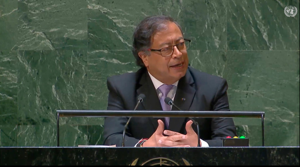 Gustavo Petro, Colombias president, talar inför FN. Stillbild: FN